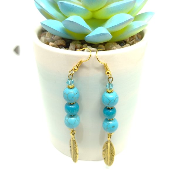Faux Turquoise Dangle Earrings with Gold Feather and Swarovski Bead Accent - Picture 1 of 4